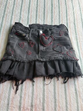 H&M Black Denim Mini Skirt with Red Heart Stitching